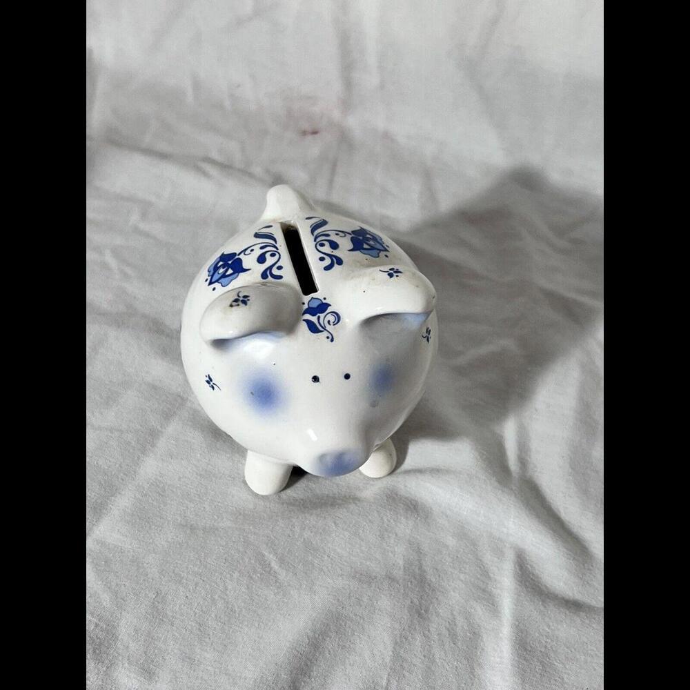 Vintage Enesco Piggy Bank Blue & White Ceramic Pig Coin Drop w/Stopper